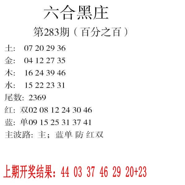 六合黑庄 第283期