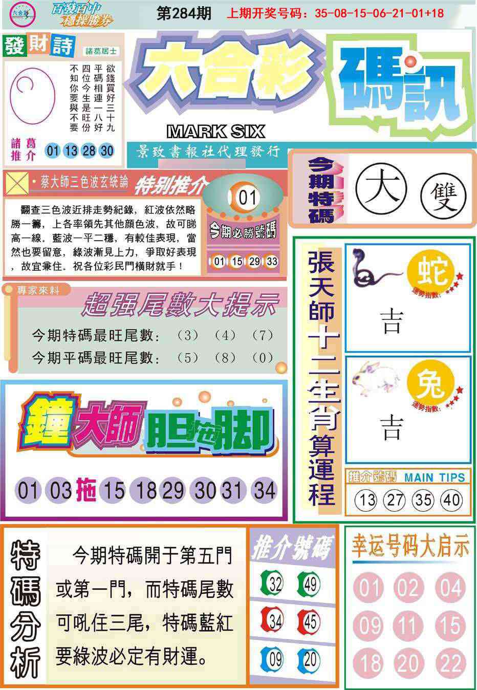 六合码讯 第284期