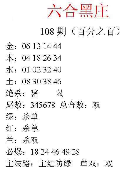 六合黑庄 第108期