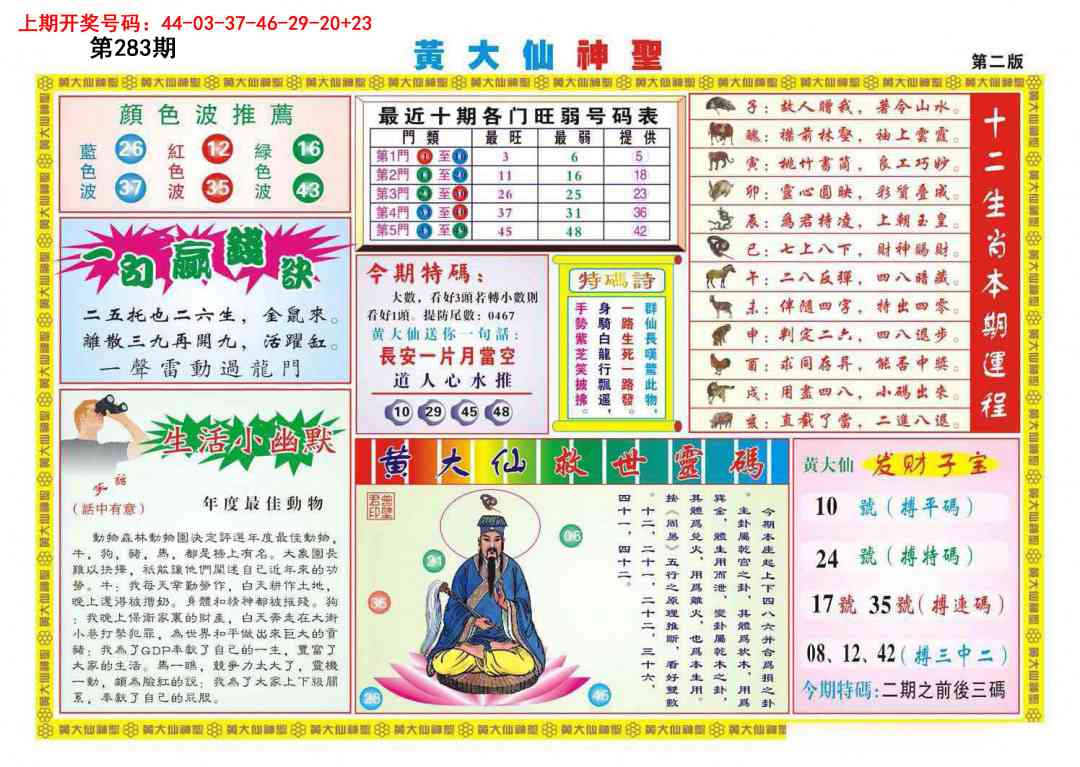 黄大仙神圣B 第283期