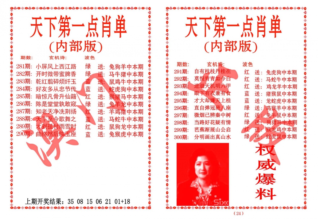 天下第一单肖单 第284期