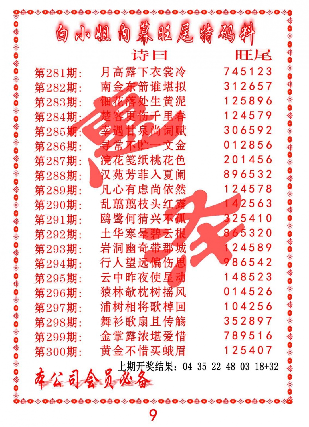 内幕旺尾特码料 第284期