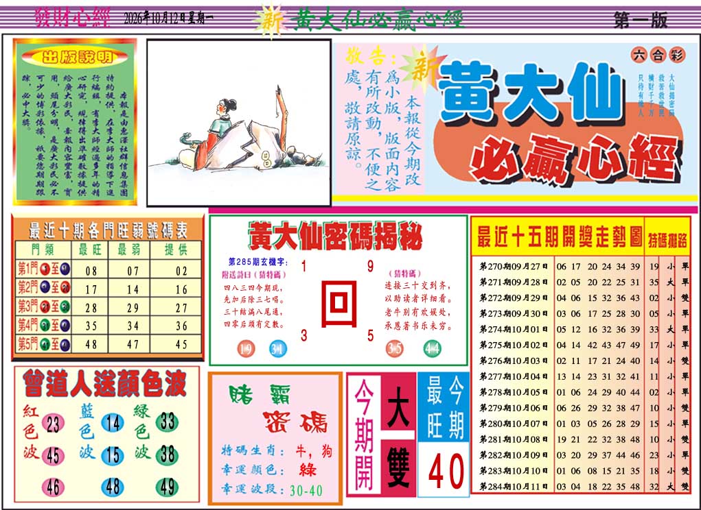 黄大仙必赢心经A 第285期