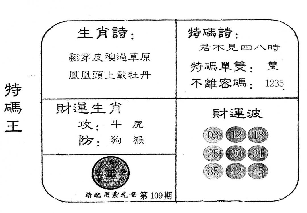 老版特码王 第109期